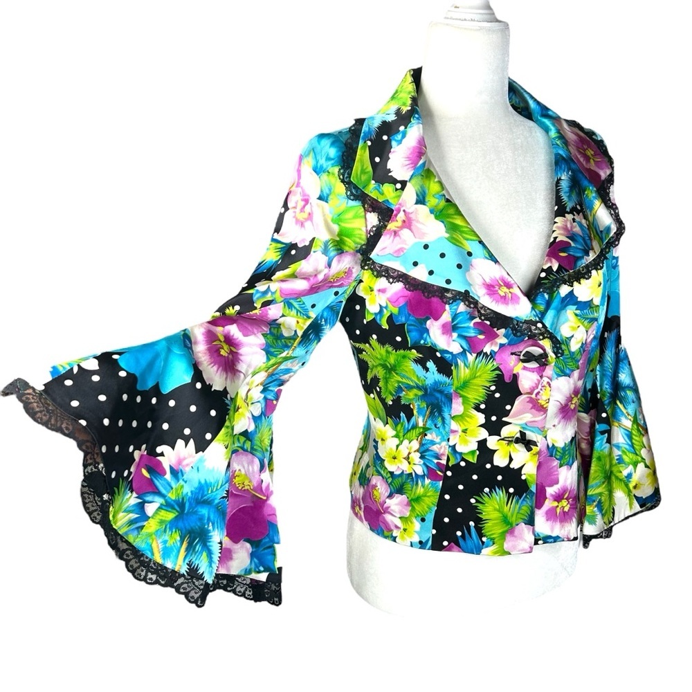 Y2K NEW Alberto Makali 6 Silk Floral Blouse Jacket Vintage Lace Colorful USA